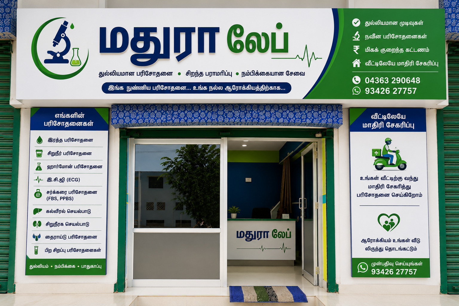 மதுரா லேப் ஆய்வகத்தின் முன்புறம் - Sivagiri & Rajapalayam சேவை